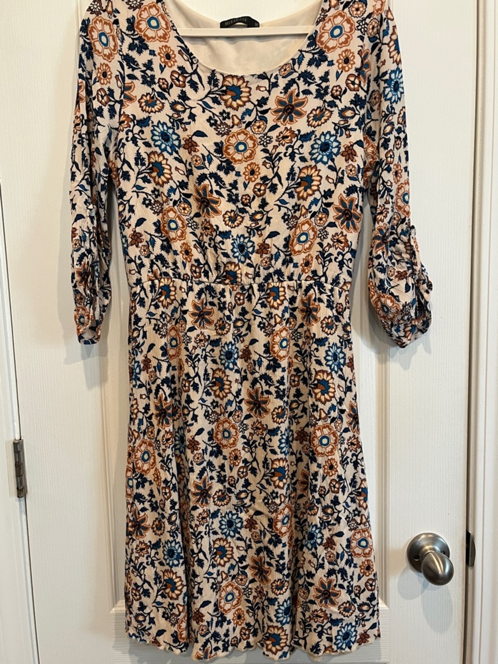 Mikarose White Midi Dress with Blue & Tan Floral Print
